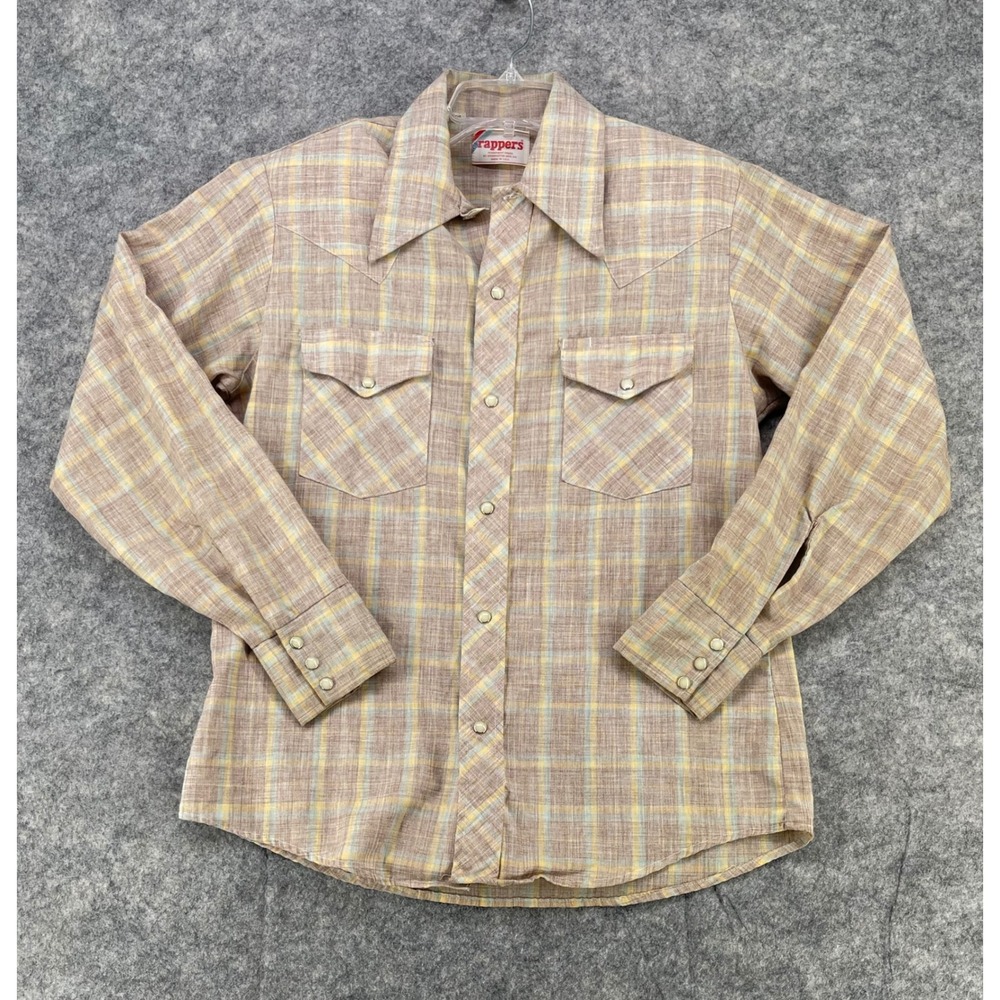 VTG Rappers Western Shirt Mens Medium Tan Yellow Plaid Pearl Snap Rodeo USA Made